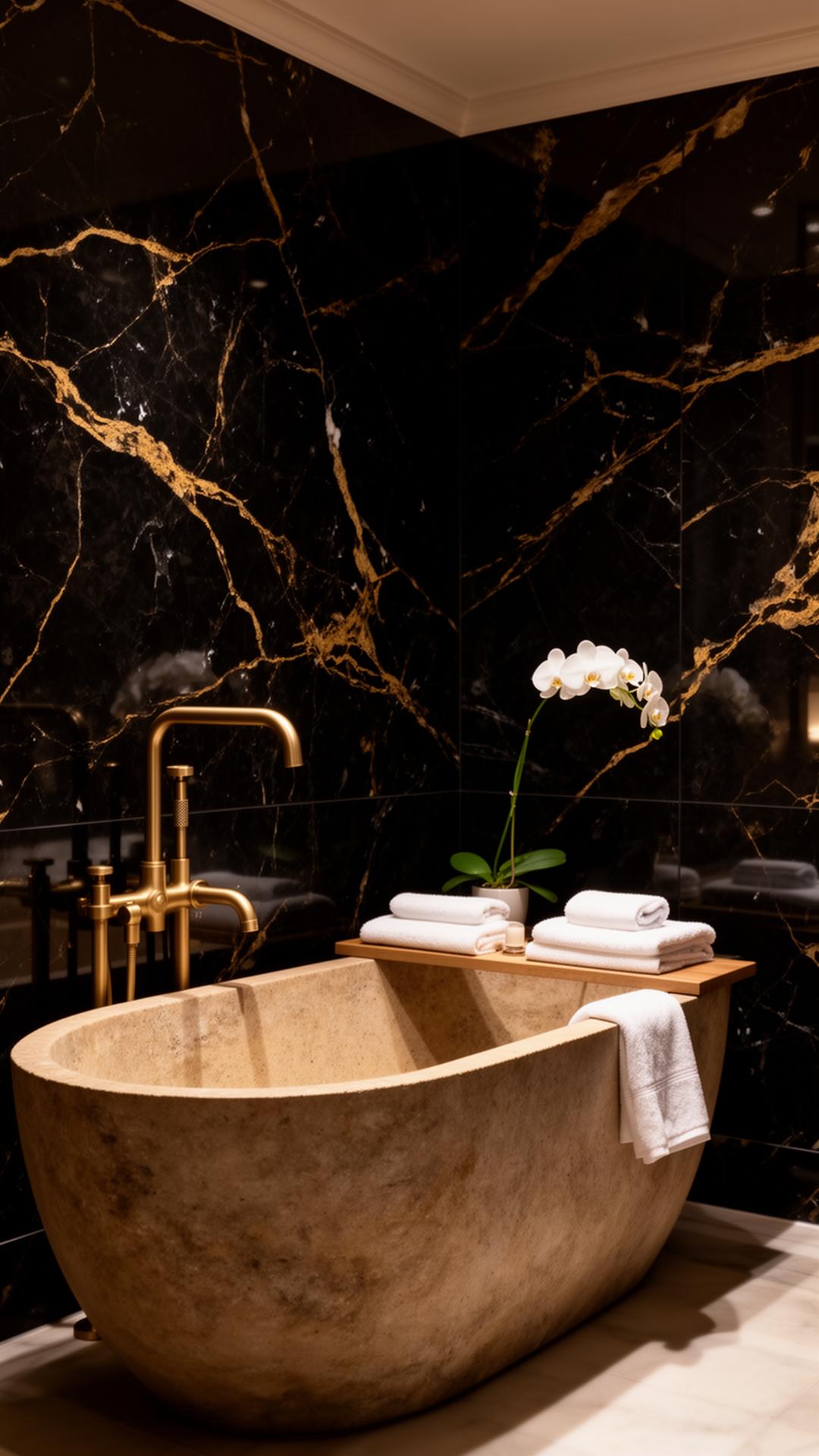 Stone tub, gold-veined walls